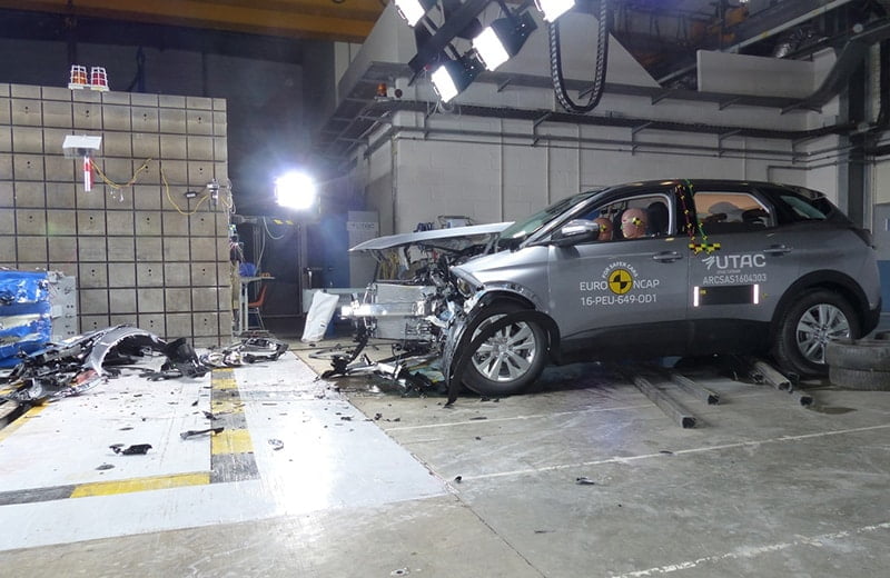Aftermath of the Peugeot's frontal-impact test. Photo: Euro NCAP