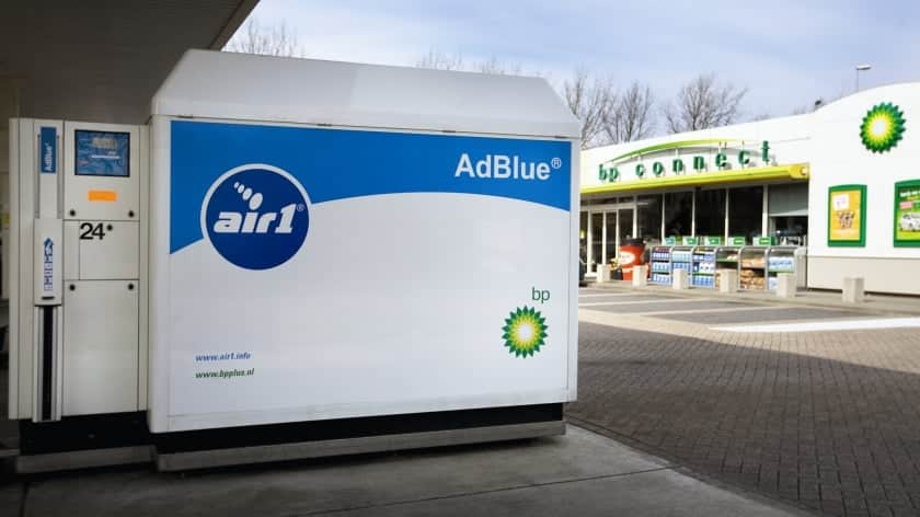 AdBlue filling point at a BP petrol station.