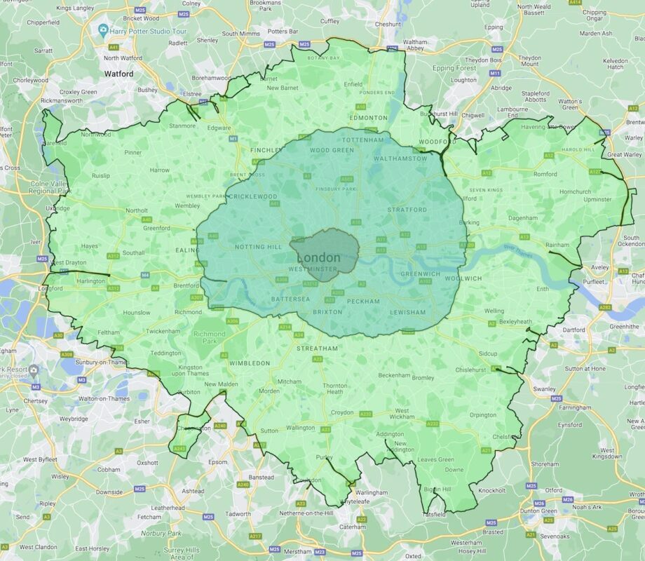 Map of London ULEZ extension for 2023